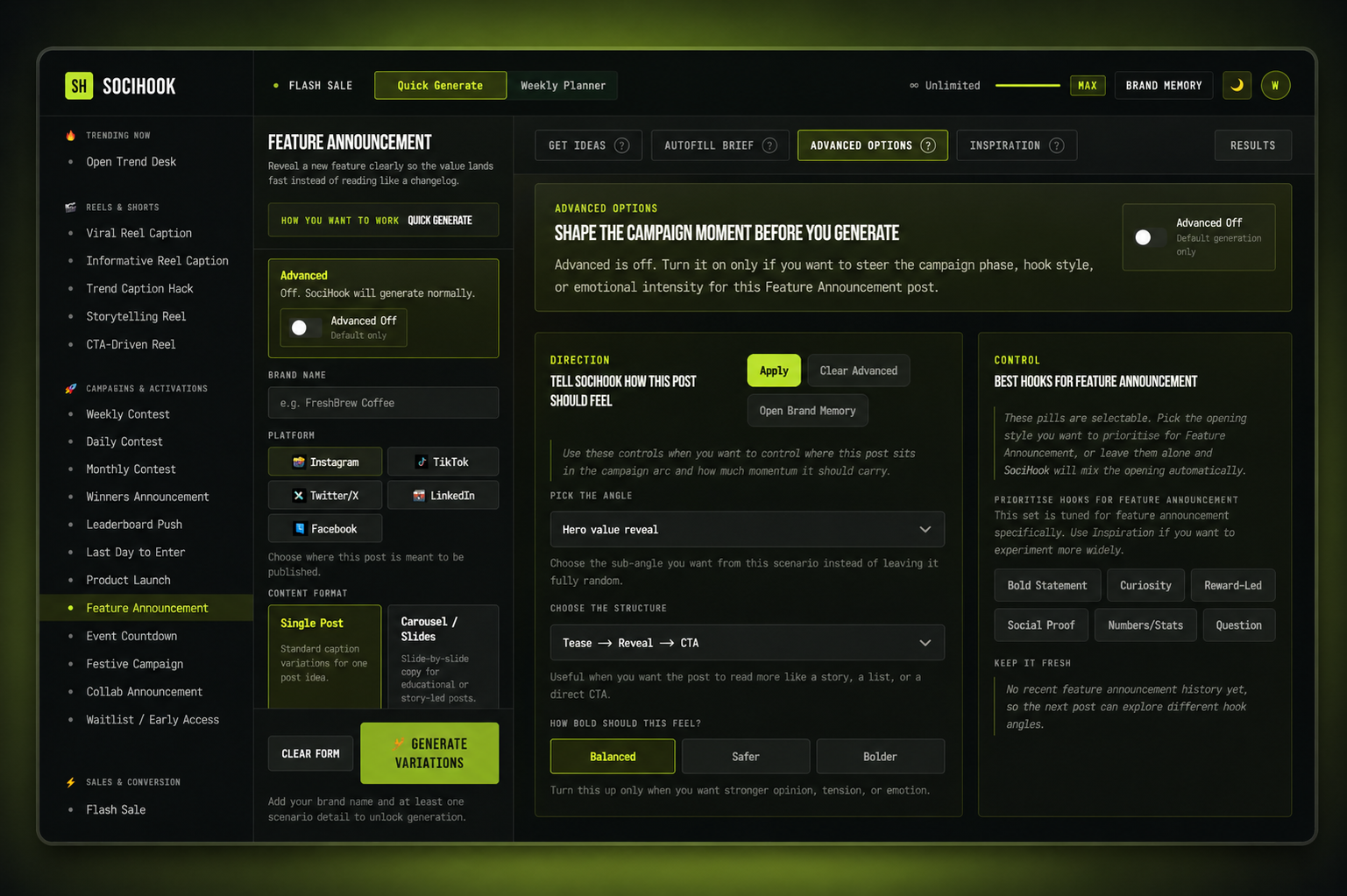 SociHook Quick Generate workspace preview