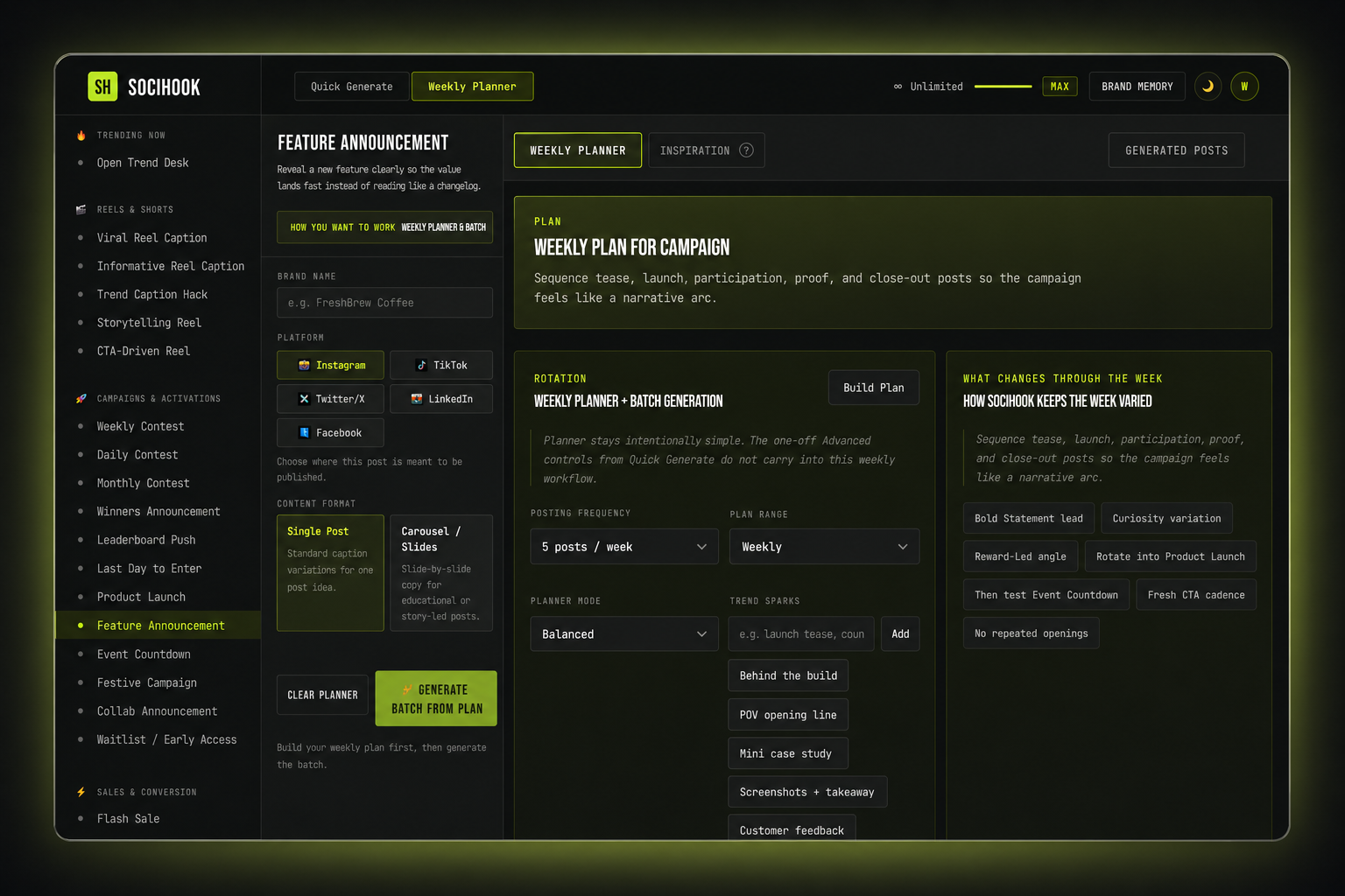 SociHook Weekly Planner workspace preview